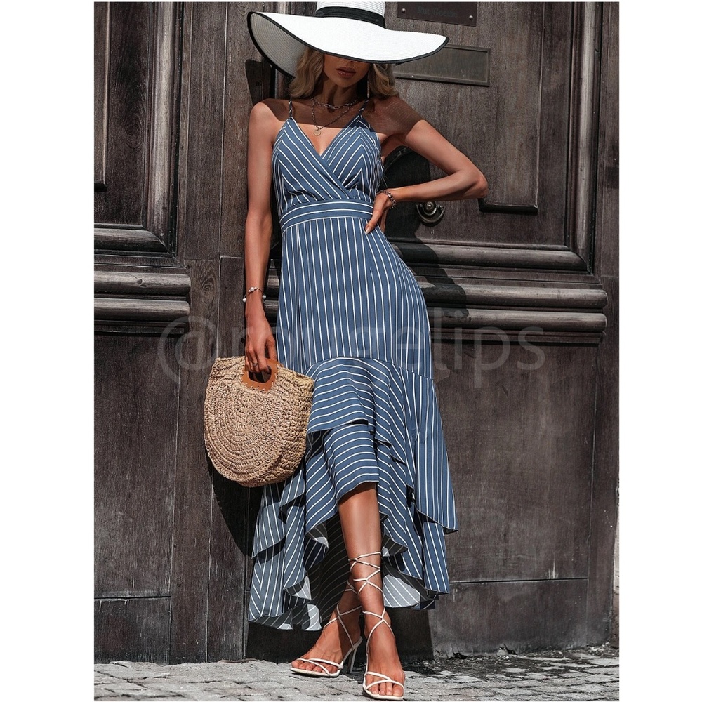 Striped Blue White V-Neck High Low Maxi Dress Sleeveless, Spaghetti Straps Flare - Picture 2 of 10